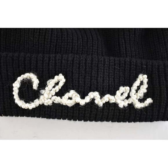 Chanel REV Black Cashmere White Ivory Pearl CC Script Logo Beanie Winter Hat main image 6